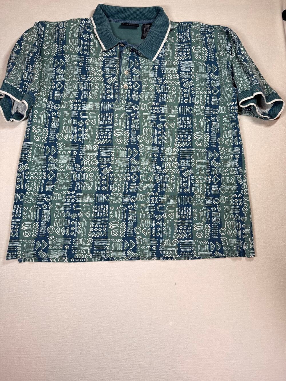 Vintage 90s Greg Norman Polo Men XL Teal Abstract Print Cotton Golf Shirt